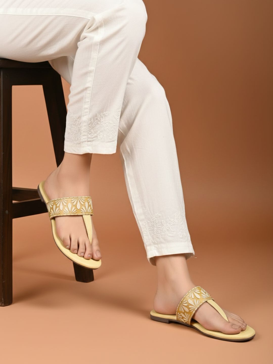 Womens Yellow Casual Printed T-Strap Flat Slip-Ons