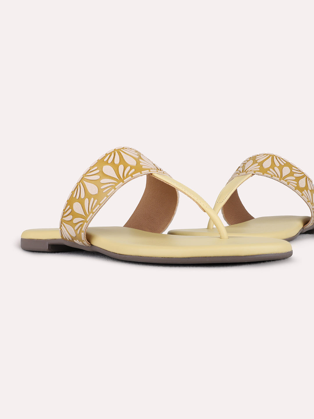 Womens Yellow Casual Printed T-Strap Flat Slip-Ons