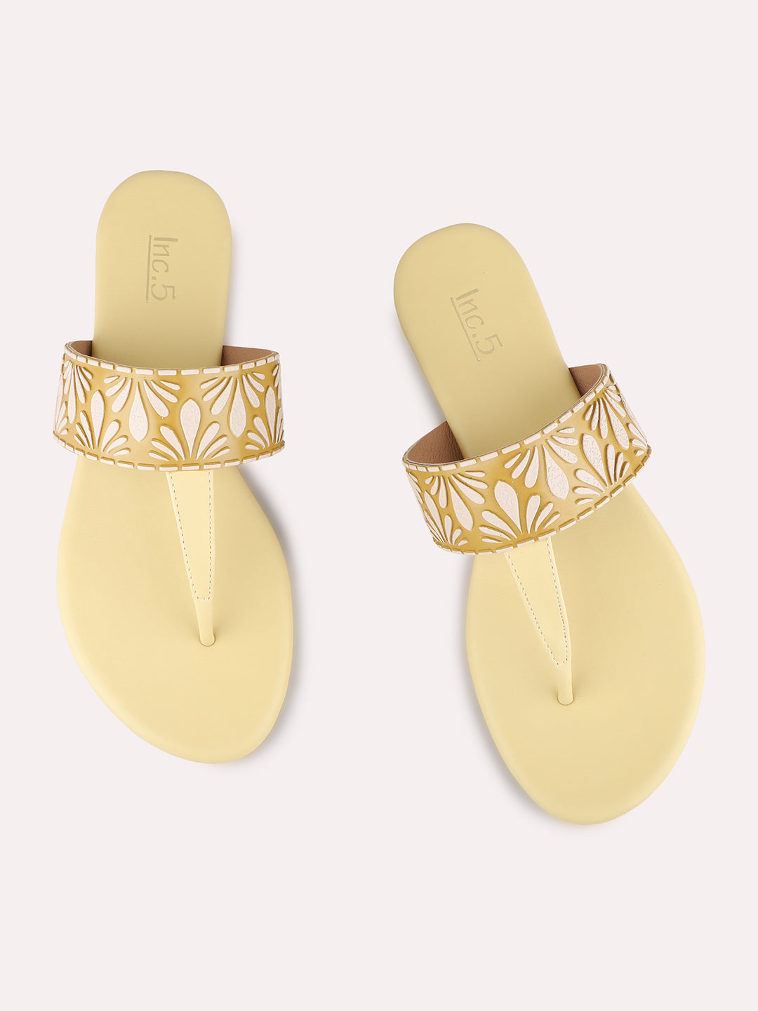 Womens Yellow Casual Printed T-Strap Flat Slip-Ons