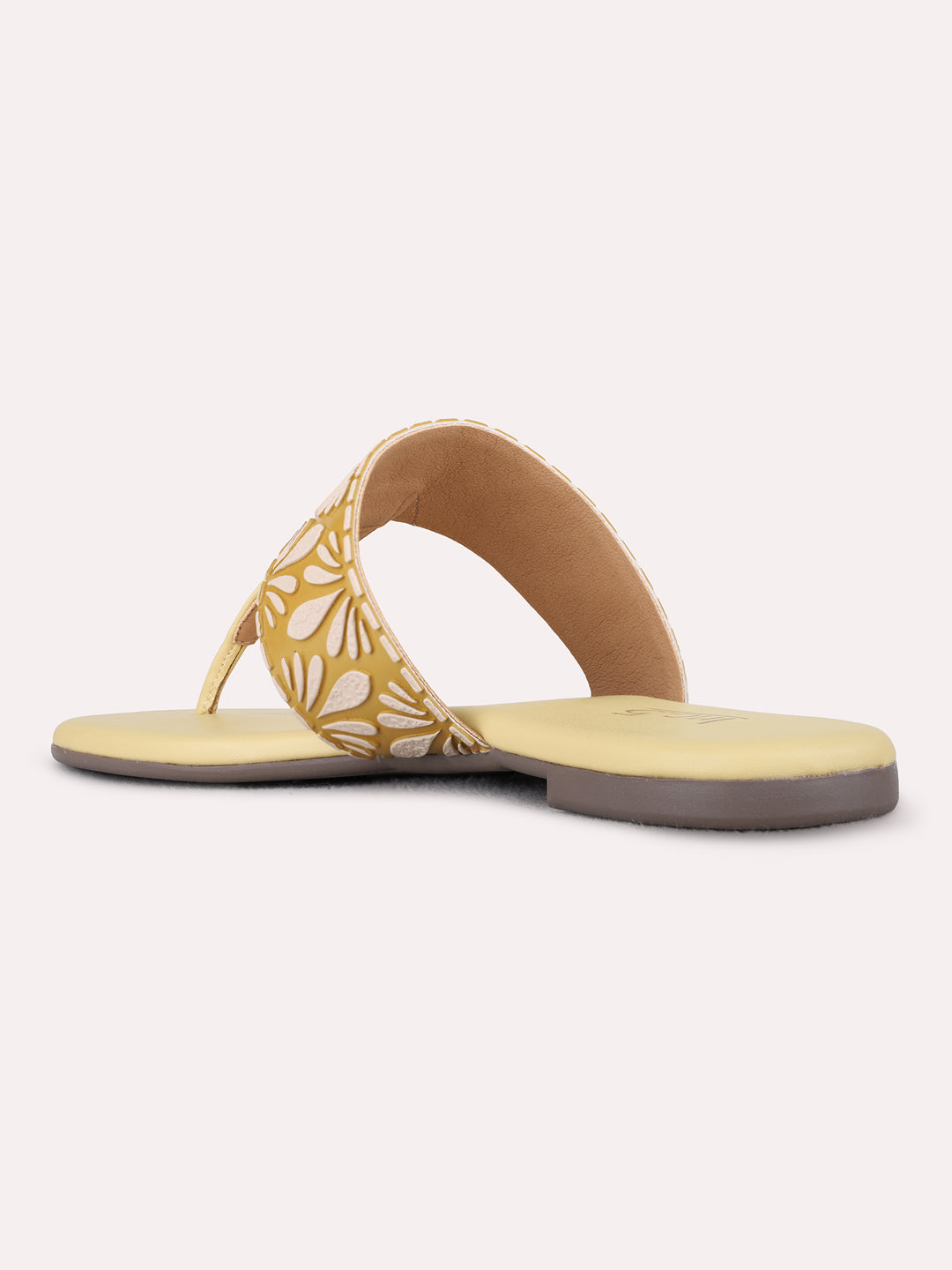 Womens Yellow Casual Printed T-Strap Flat Slip-Ons