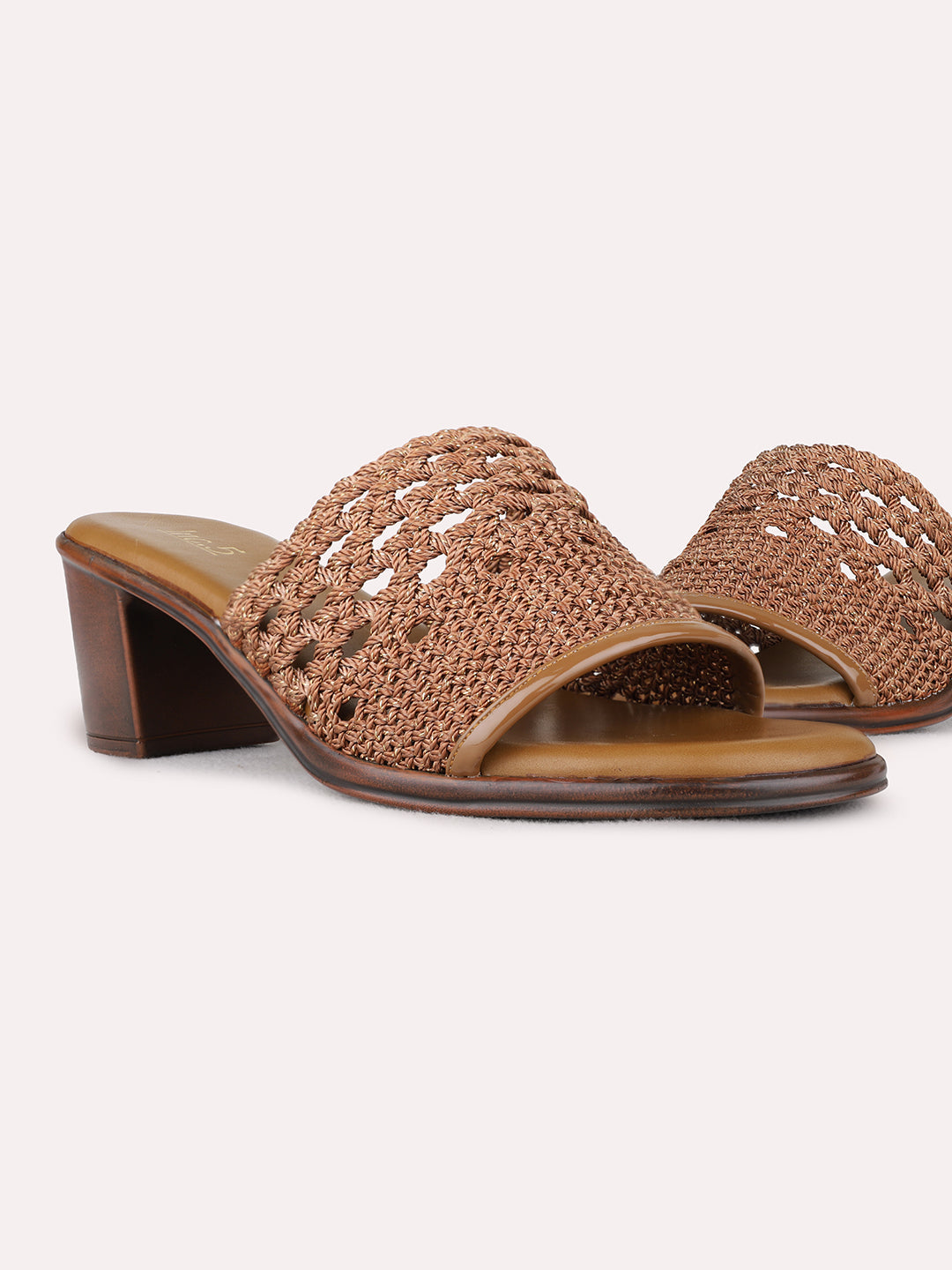 Womens Tan Party Wear Solid Round Toe Block Heel Sandals