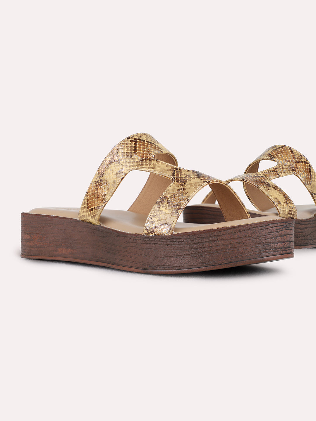 Womens Beige Party Wear Printed Round Toe Wedge Heels