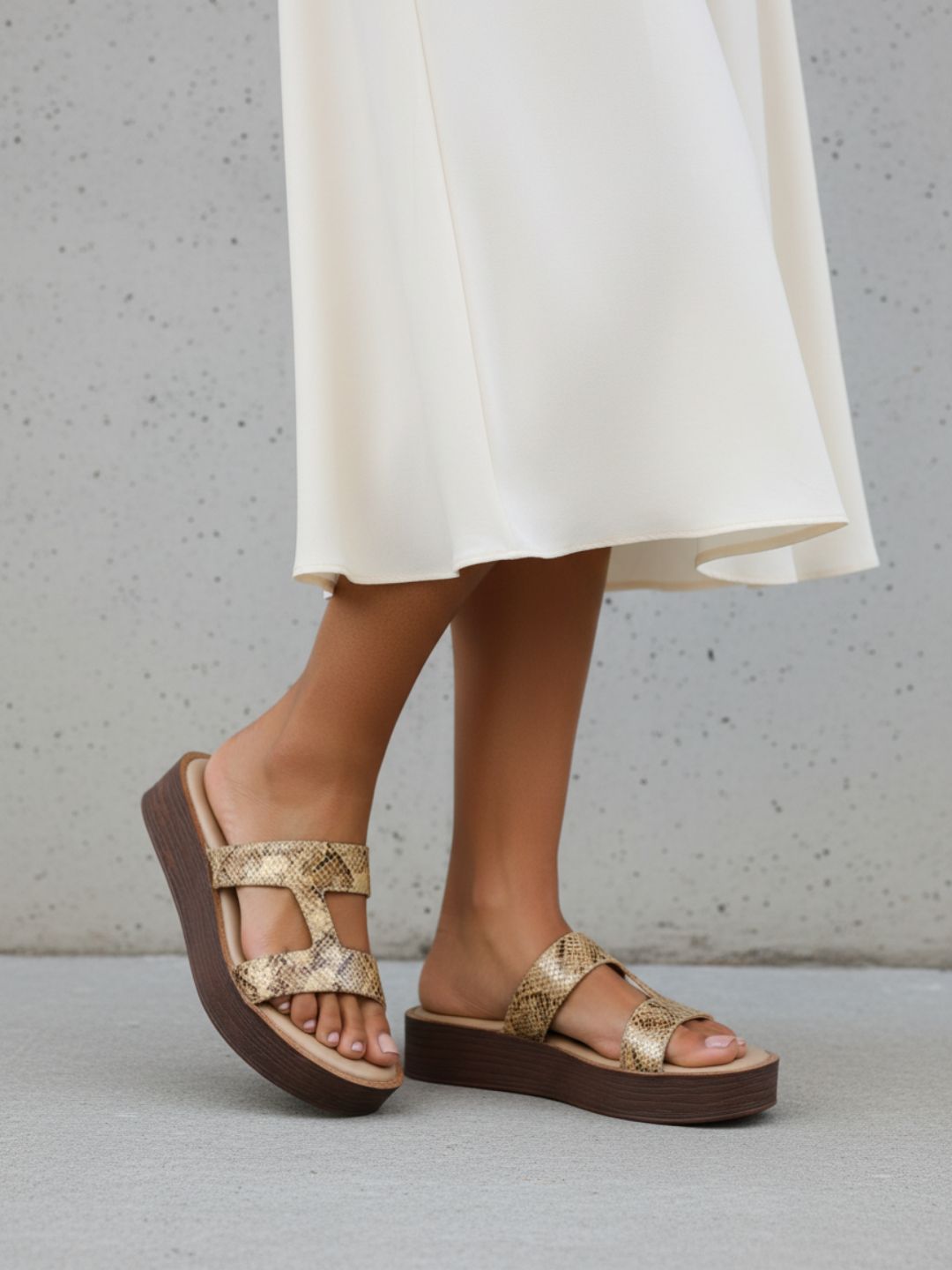 Womens Beige Party Wear Printed Round Toe Wedge Heels