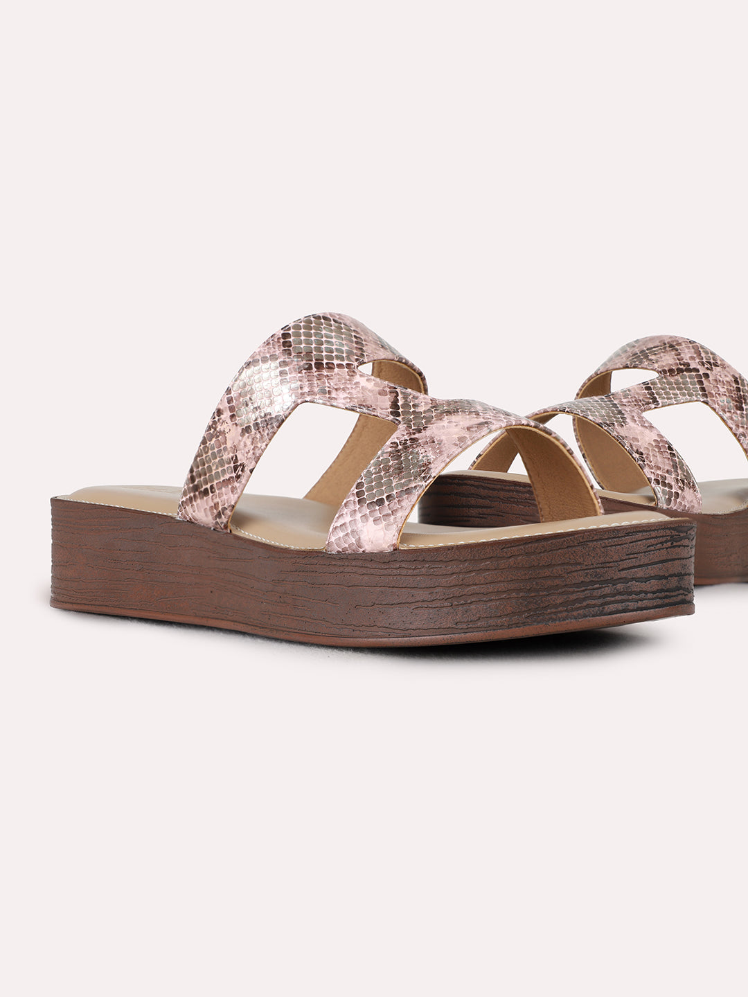 Womens Peach Party Wear Printed Round Toe Wedge Heels