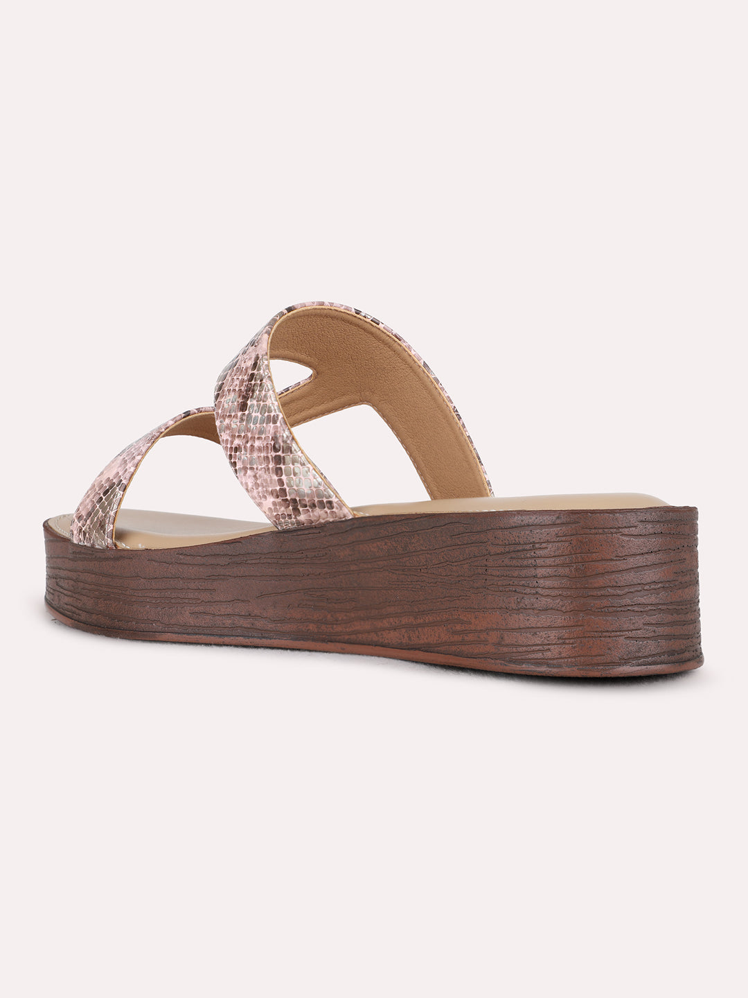 Womens Peach Party Wear Printed Round Toe Wedge Heels