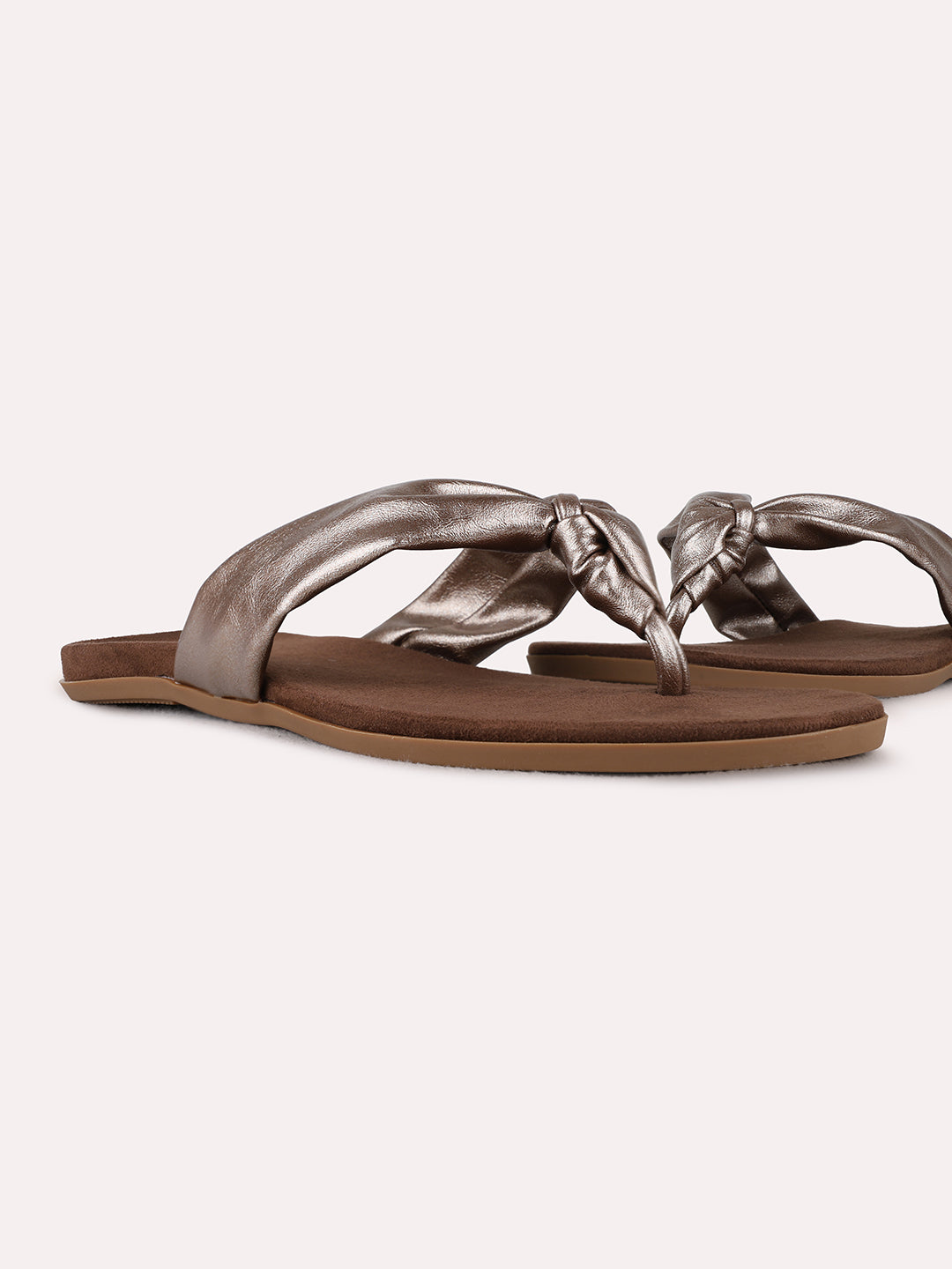 Womens Bronze Casual Solid T-Strap Flats