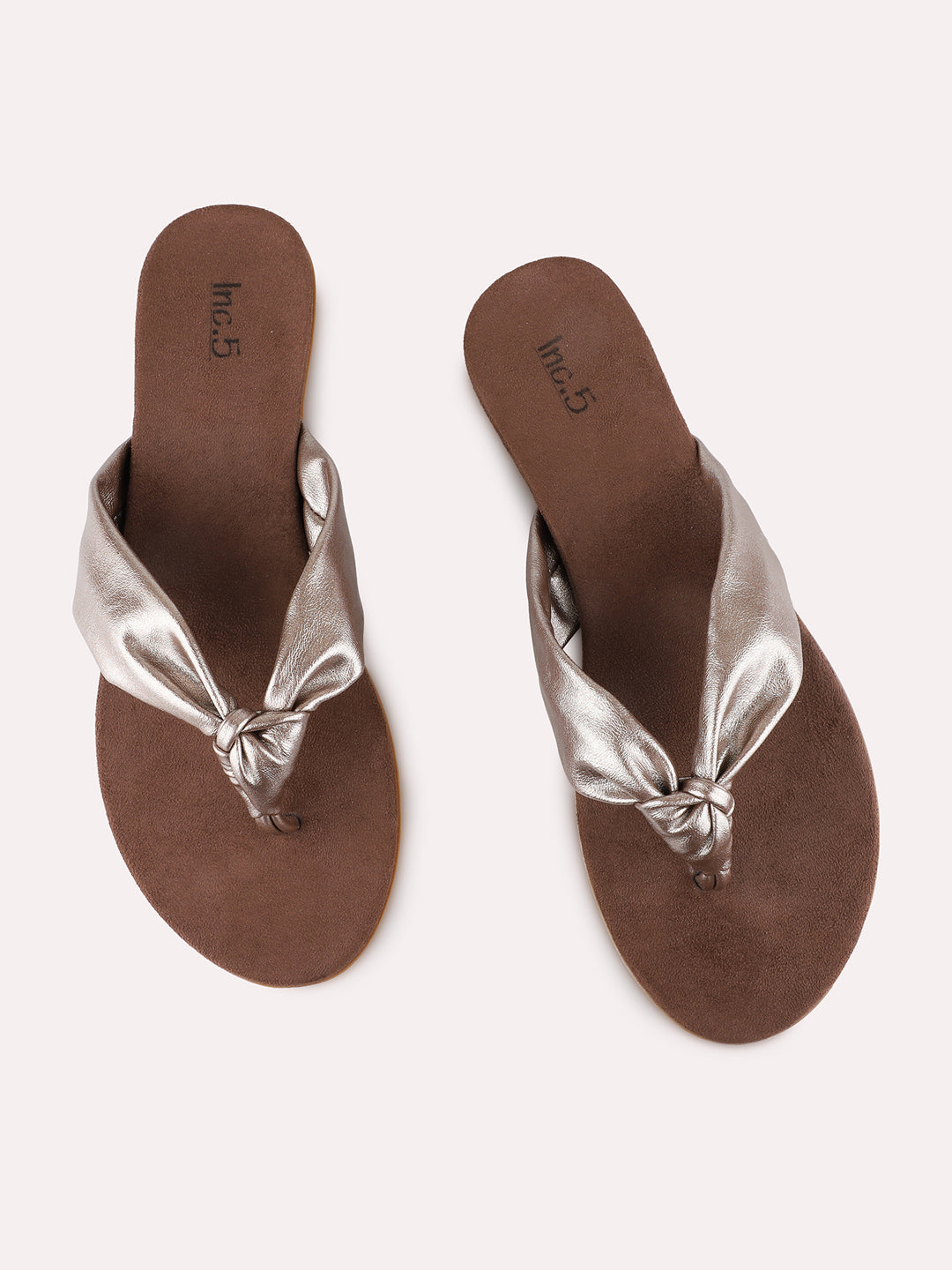 Womens Bronze Casual Solid T-Strap Flats
