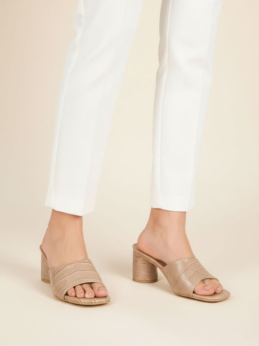 Womens Beige Party Wear Embroidered Round Toe Block Heels