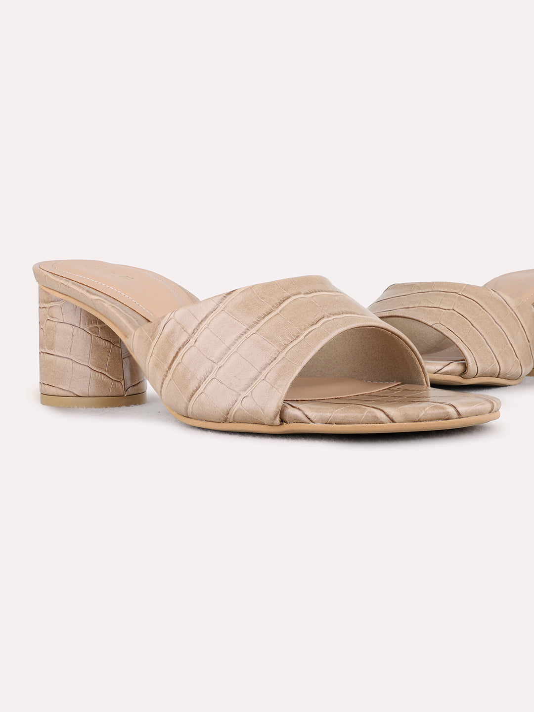 Womens Beige Party Wear Embroidered Round Toe Block Heels