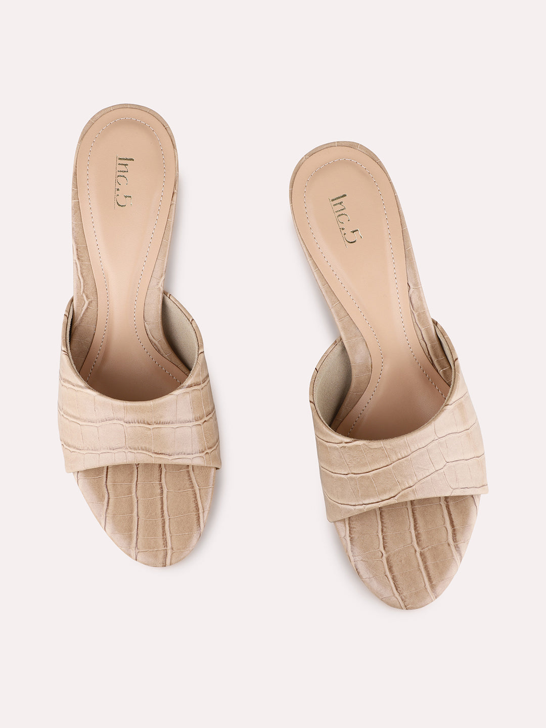 Womens Beige Party Wear Embroidered Round Toe Block Heels