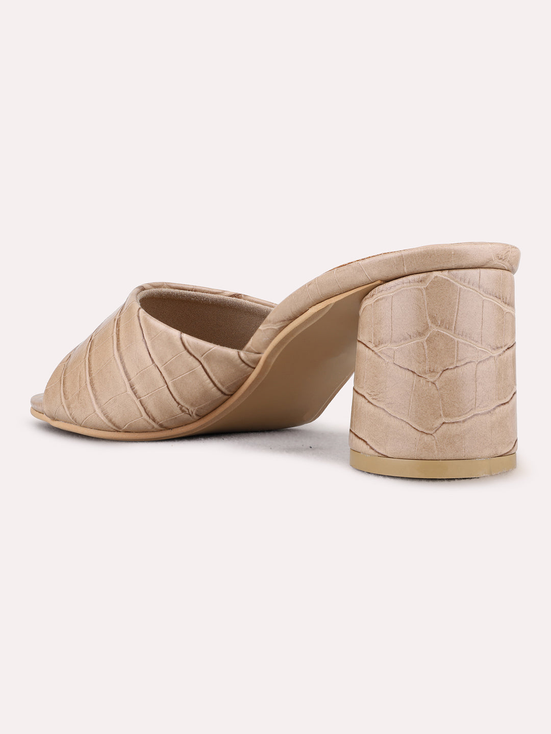 Womens Beige Party Wear Embroidered Round Toe Block Heels