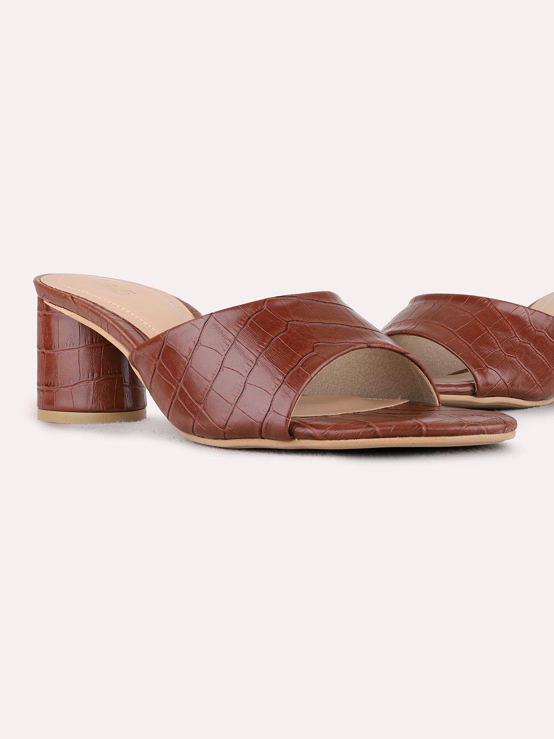 Womens Tan Party Wear Embroidered Round Toe Block Heels