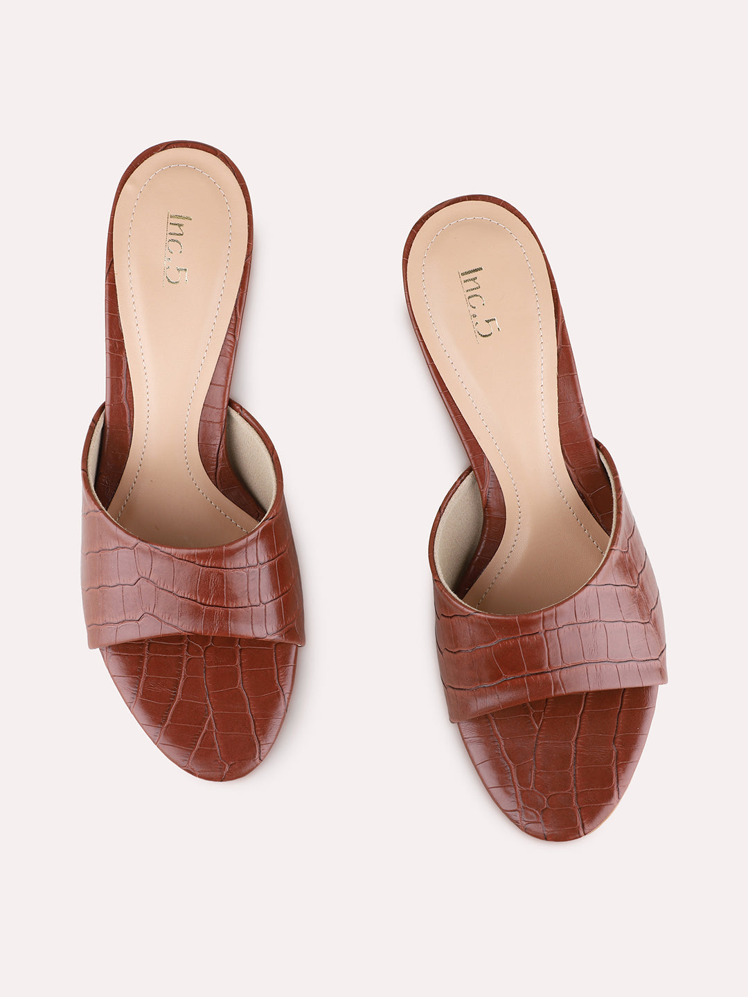 Womens Tan Party Wear Embroidered Round Toe Block Heels