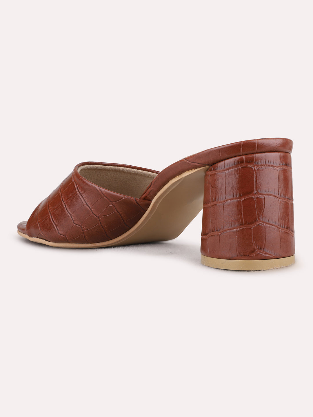Womens Tan Party Wear Embroidered Round Toe Block Heels