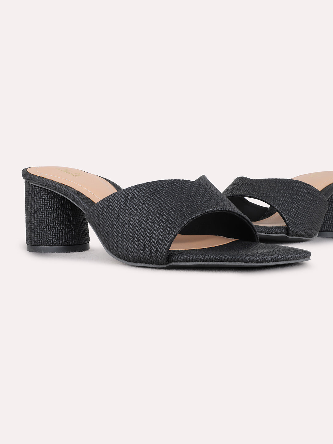 Womens Black Party Wear Solid Round Toe Block Heels