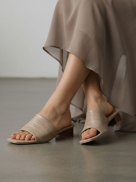 Womens Beige Party Wear Solid Round Toe Block Heels