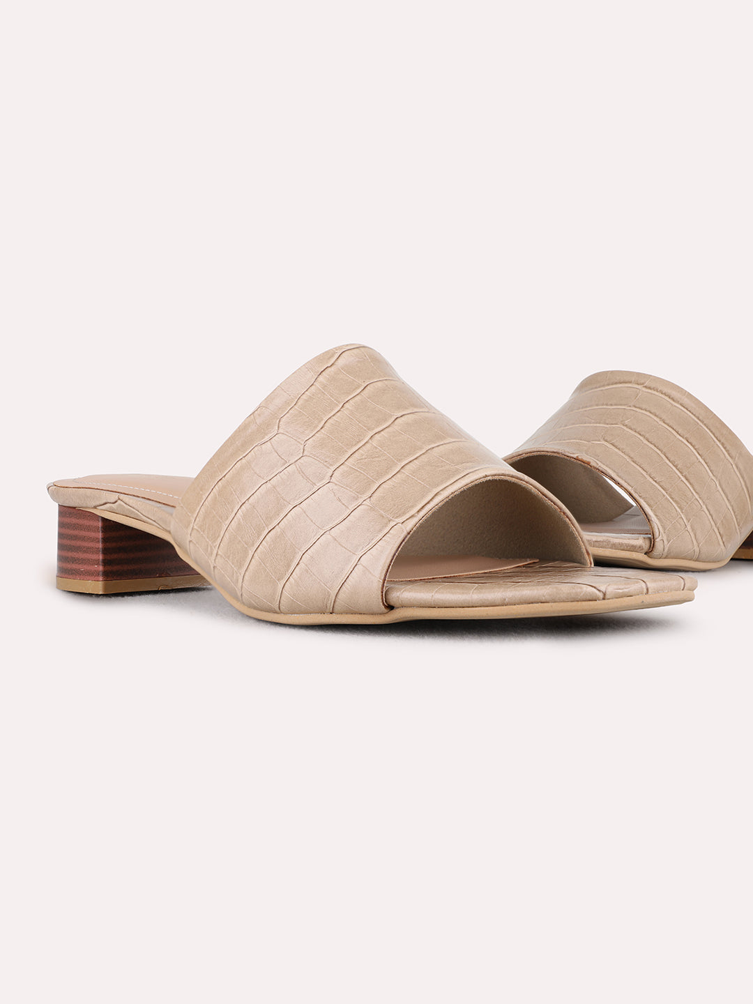 Womens Beige Party Wear Solid Round Toe Block Heels