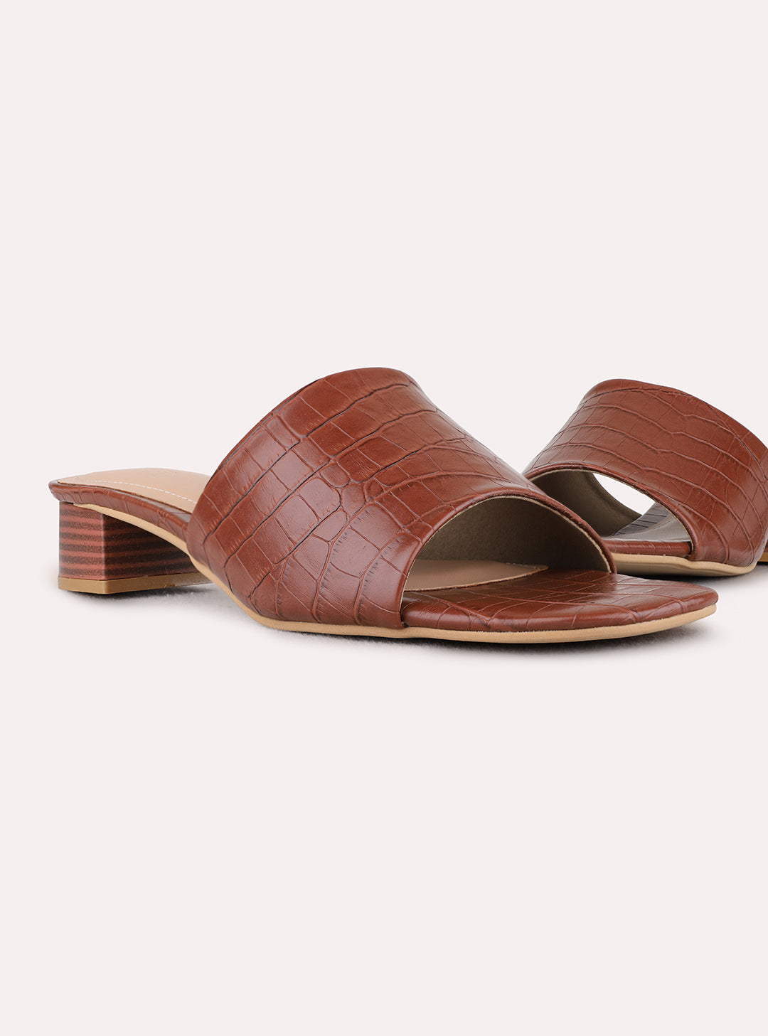 Womens Tan Party Wear Solid Round Toe Block Heels