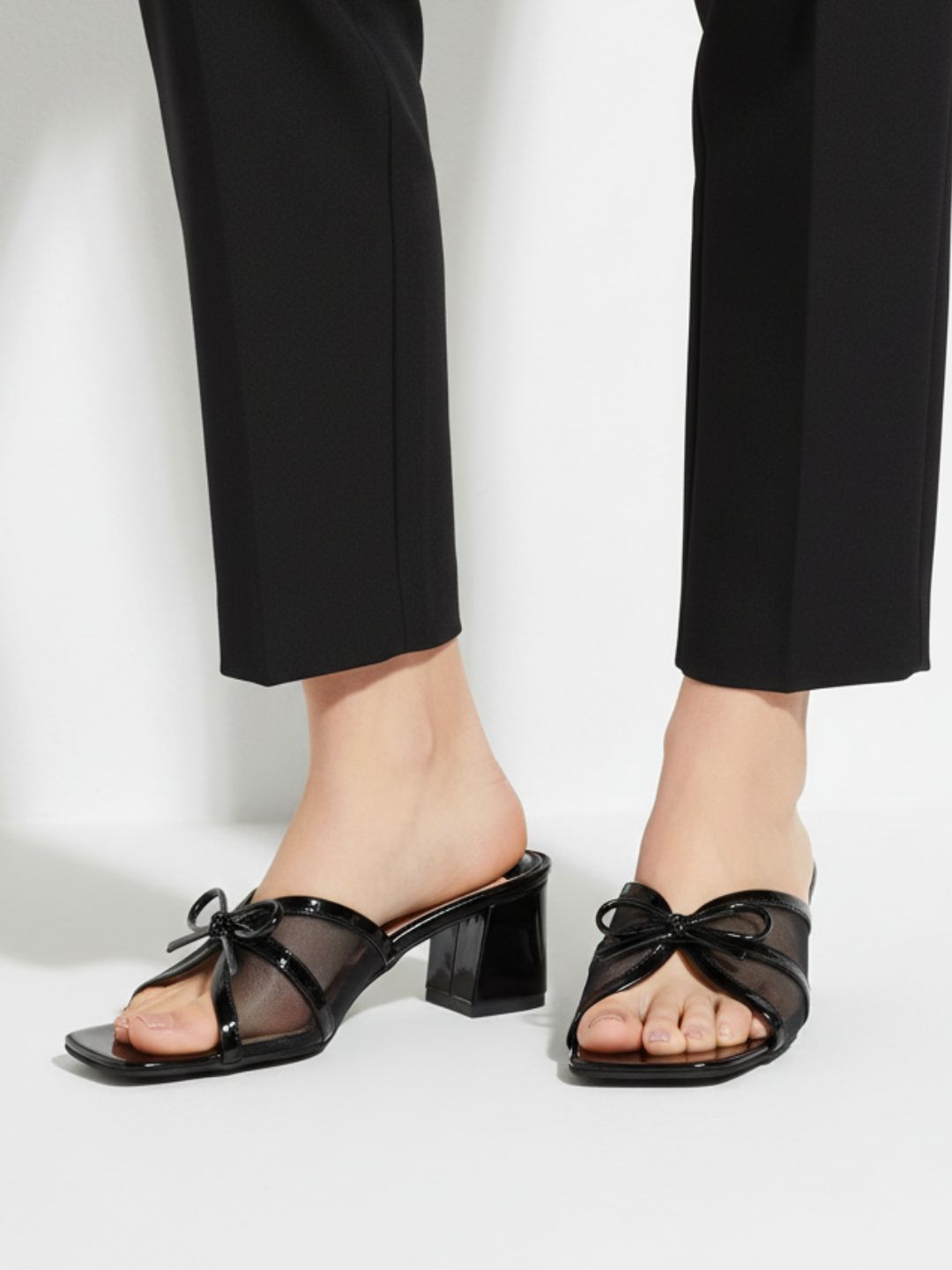 Womens Black Party Wear Transparent Round Toe Block Heel Sandals