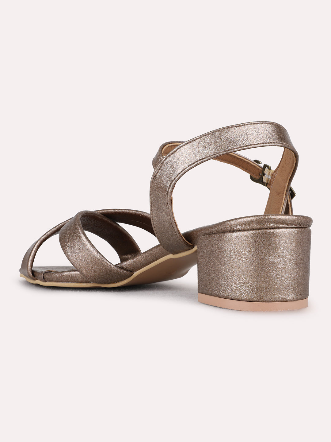 Womens Golden Party Wear Solid Round Toe Block Heels