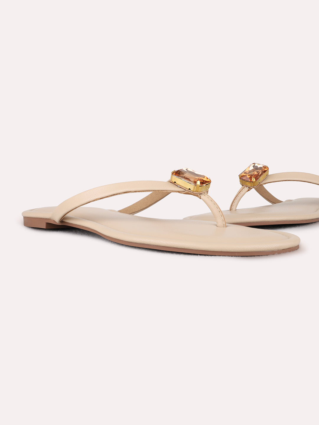 Womens Beige Casual Solid T-Strap Flat Slip-Ons