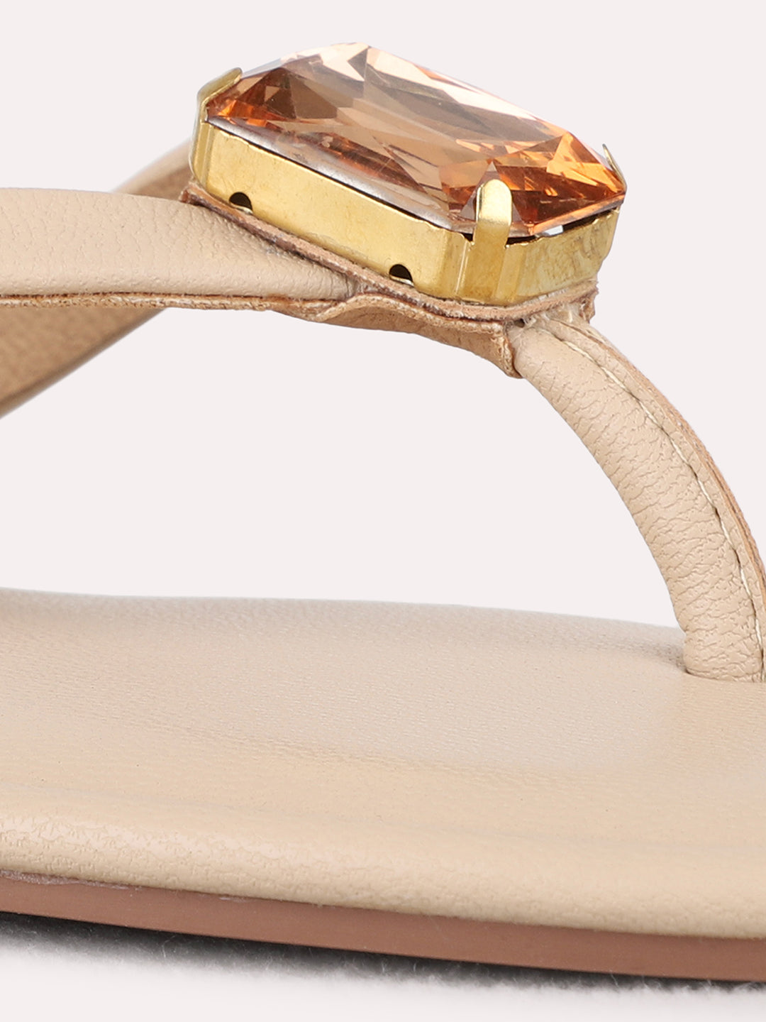 Womens Beige Casual Solid T-Strap Flat Slip-Ons