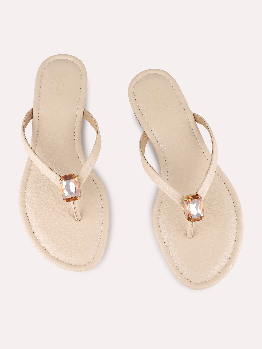 Womens Beige Casual Solid T-Strap Flat Slip-Ons
