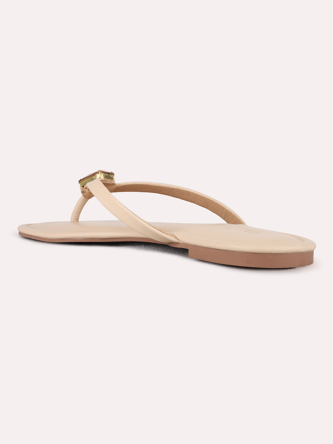Womens Beige Casual Solid T-Strap Flat Slip-Ons