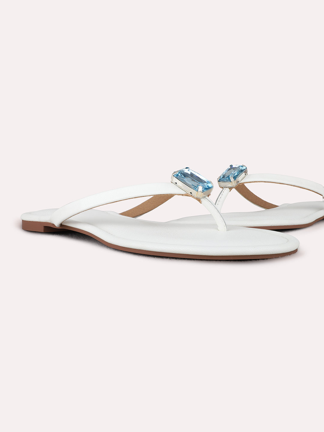 Womens White Casual Solid T-Strap Flat Slip-Ons