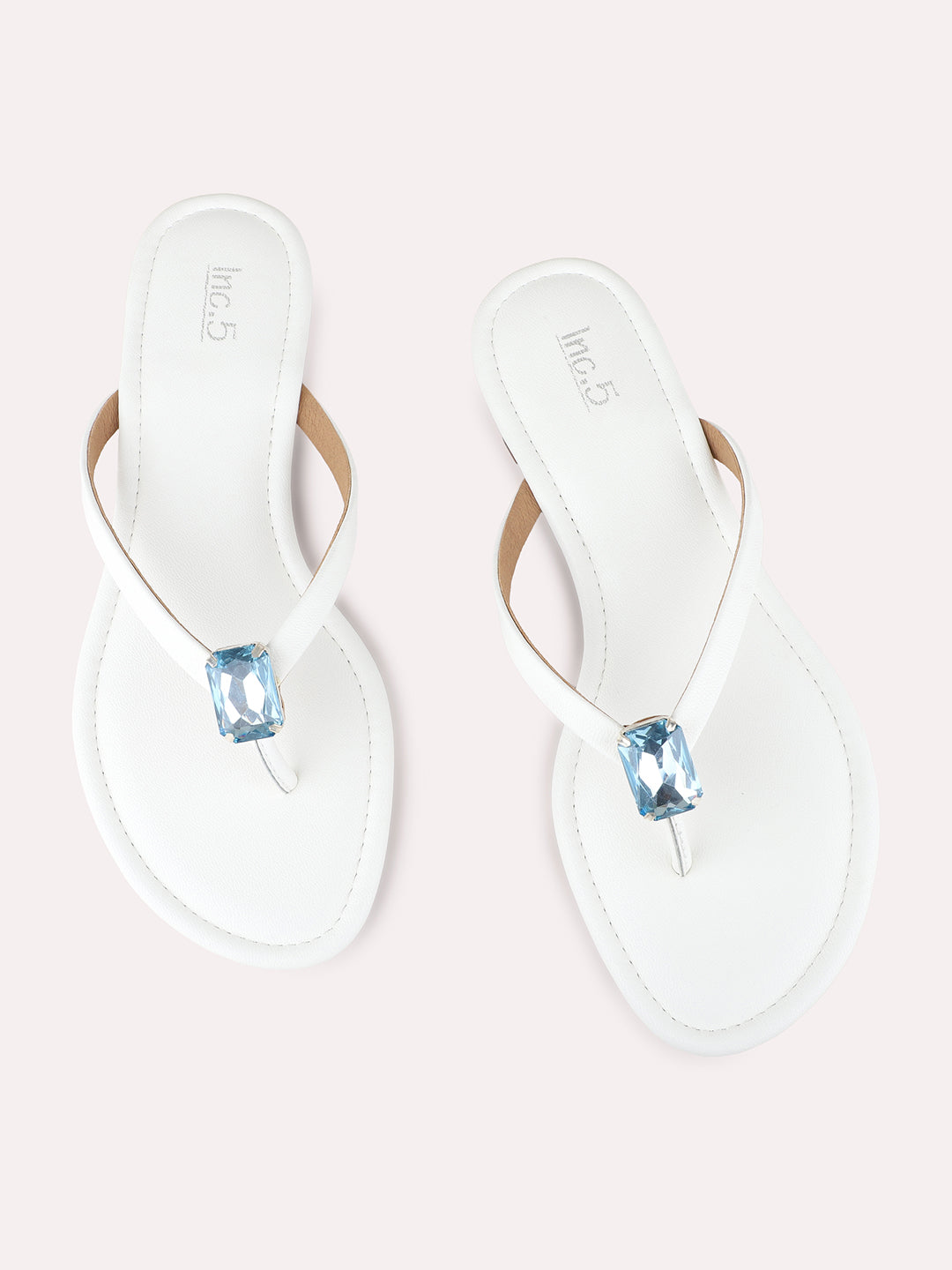 Womens White Casual Solid T-Strap Flat Slip-Ons