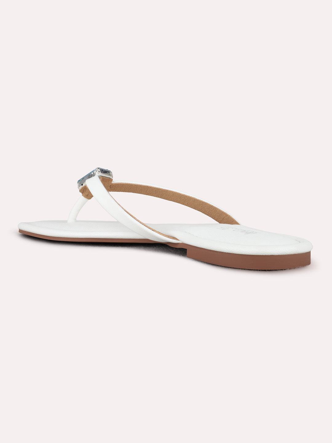 Womens White Casual Solid T-Strap Flat Slip-Ons