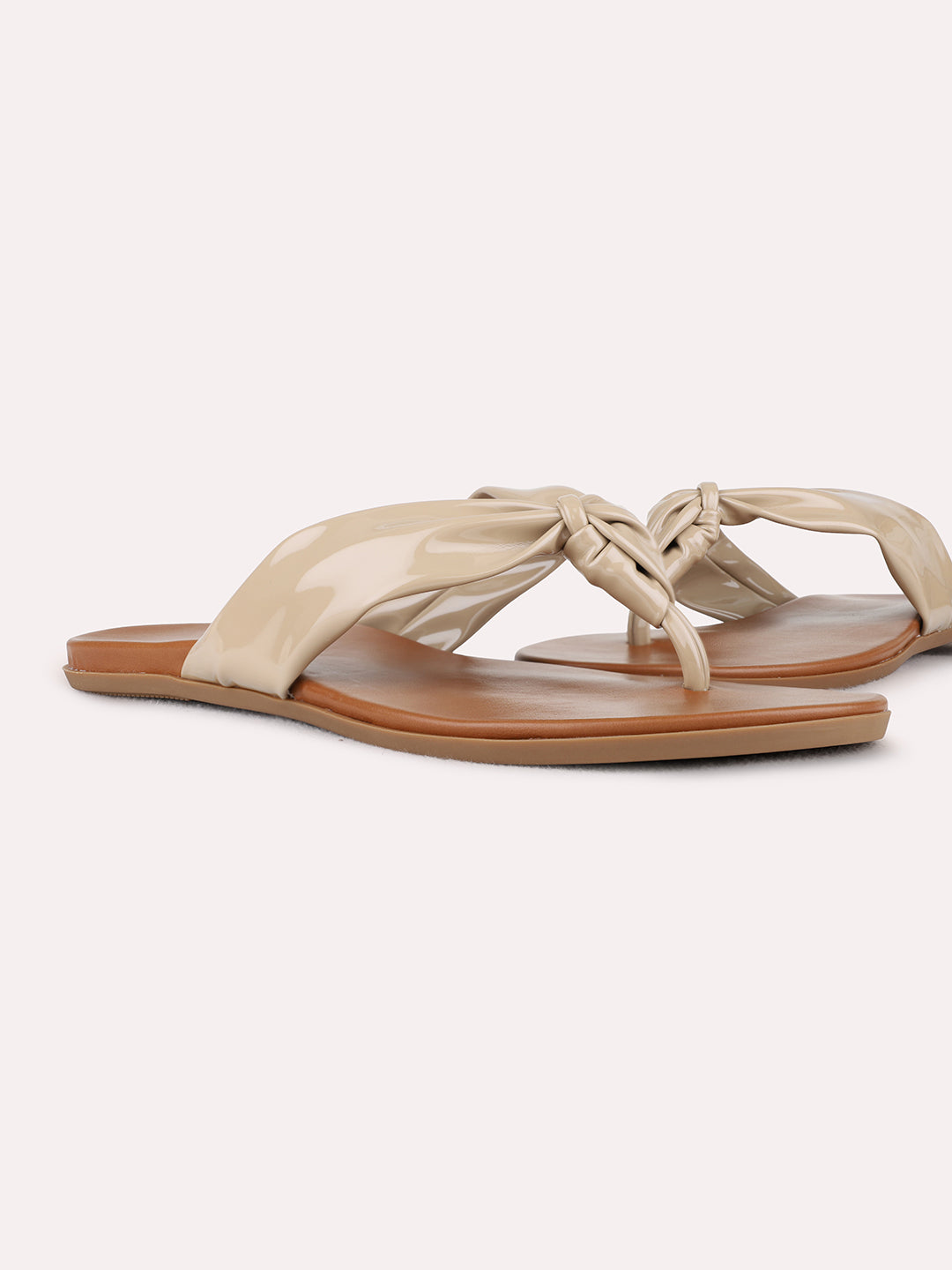 Womens Beige Casual Solid Pattern T-Strap Flat Slip-Ons