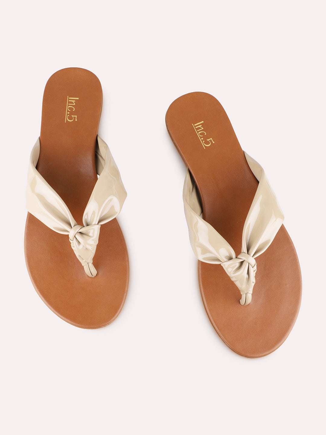 Womens Beige Casual Solid Pattern T-Strap Flat Slip-Ons
