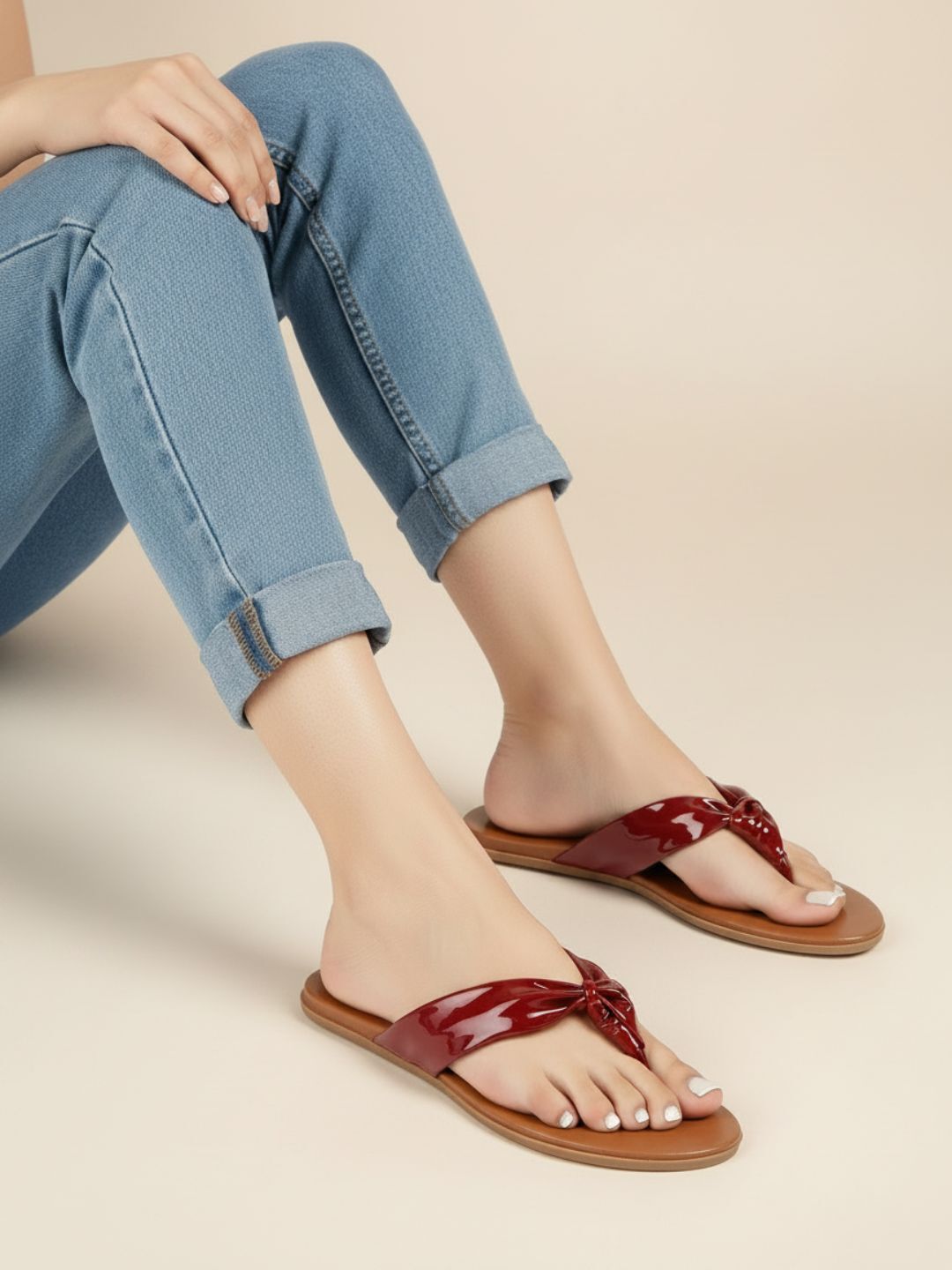 Womens Maroon Casual Solid T-Strap Flat Slip-Ons