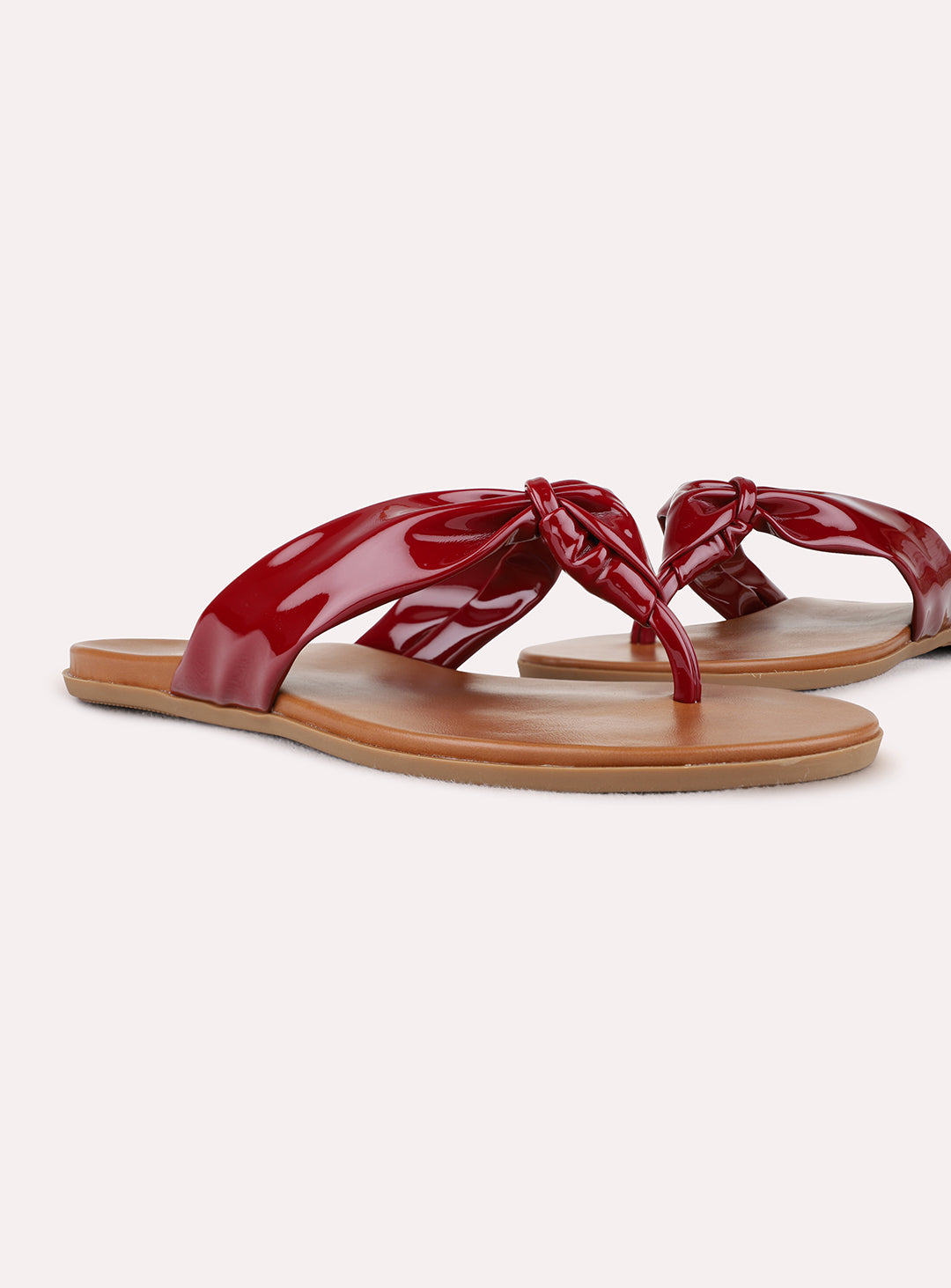 Womens Maroon Casual Solid T-Strap Flat Slip-Ons