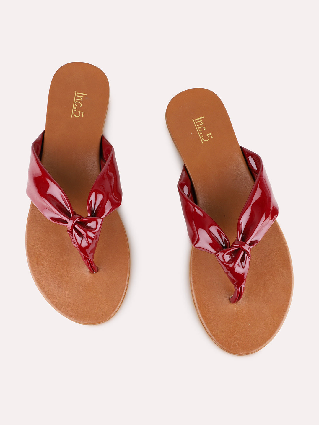 Womens Maroon Casual Solid T-Strap Flat Slip-Ons
