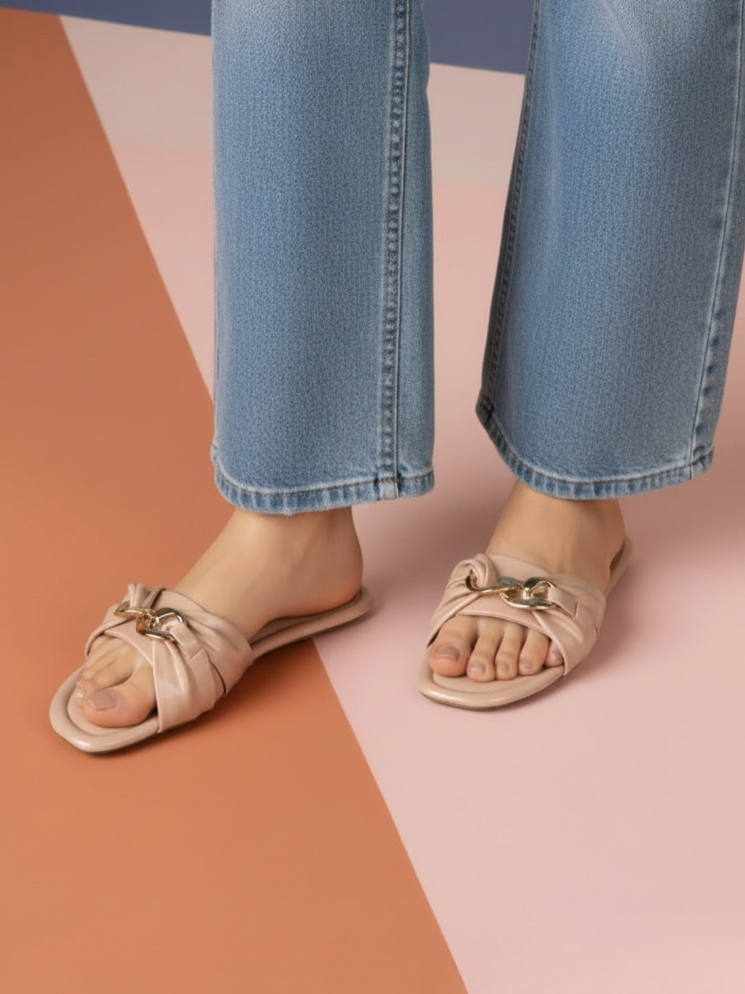 Womens Nude Casual Solid Open Toe Flat Slip-Ons