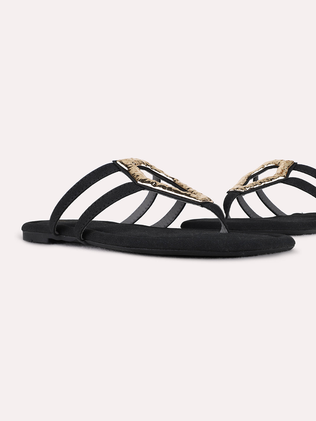 Womens Black Ethnic Solid T-Strap Flat Slip-On Sandals