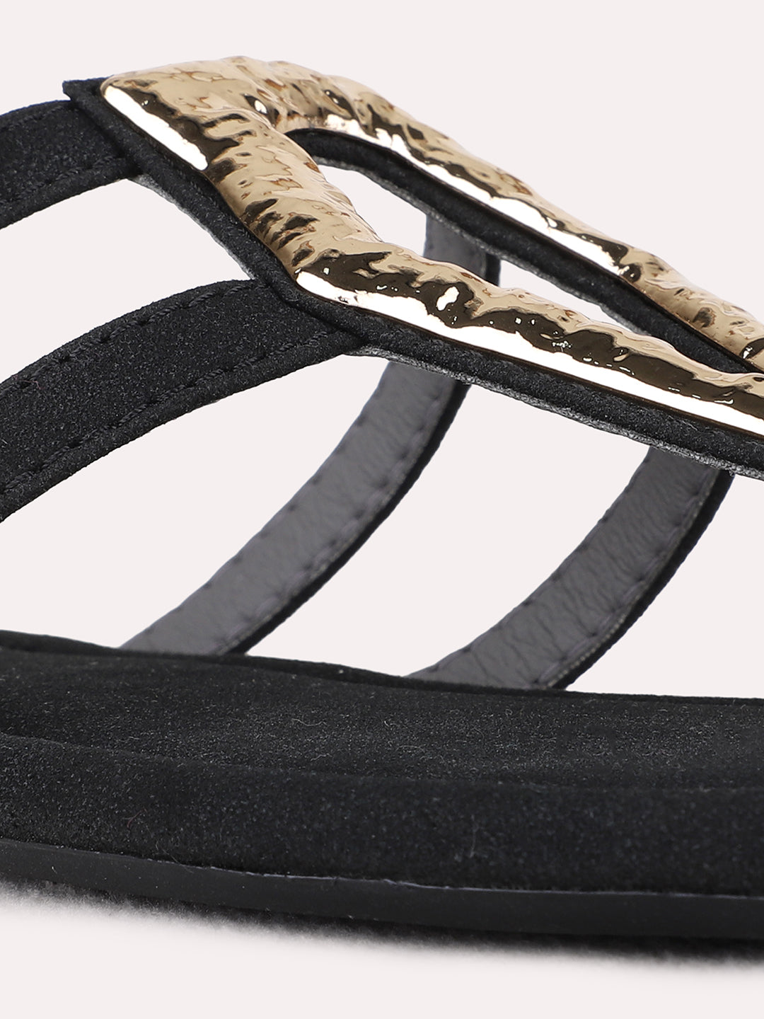 Womens Black Ethnic Solid T-Strap Flat Slip-On Sandals