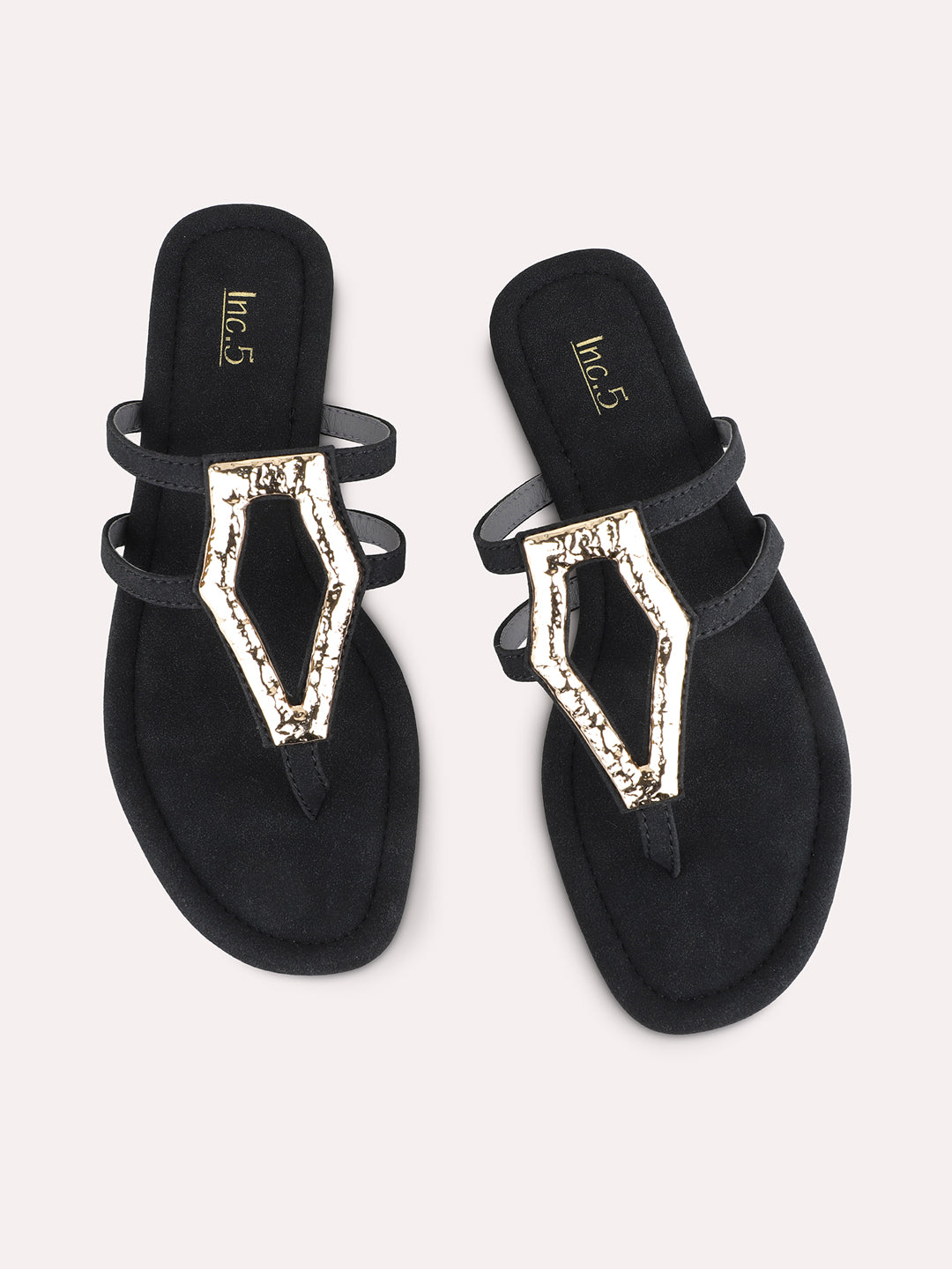 Womens Black Ethnic Solid T-Strap Flat Slip-On Sandals