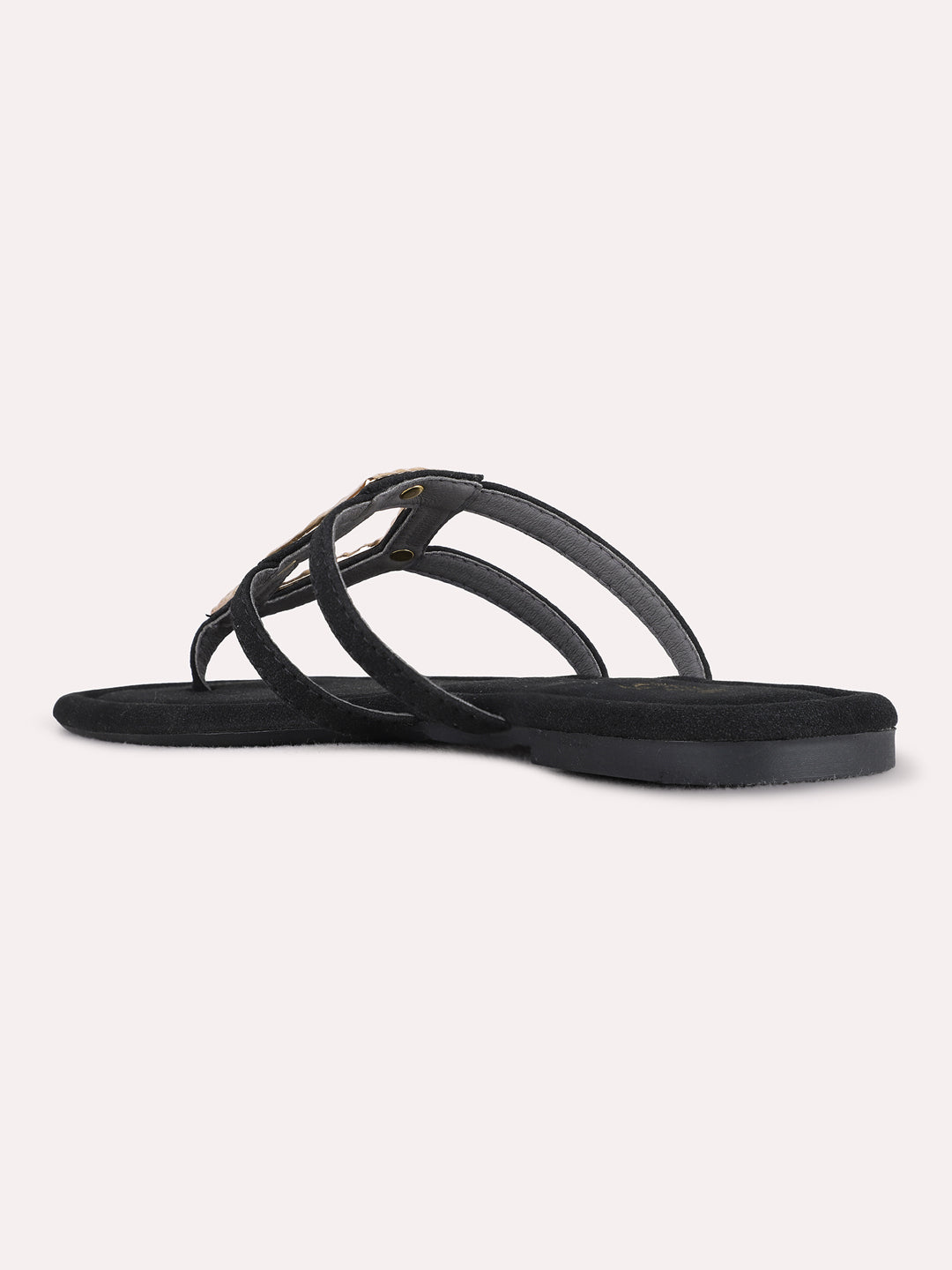 Womens Black Ethnic Solid T-Strap Flat Slip-On Sandals
