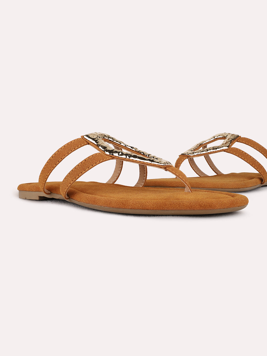 Womens Tan Ethnic Solid T-Strap Flat Slip-On Sandals