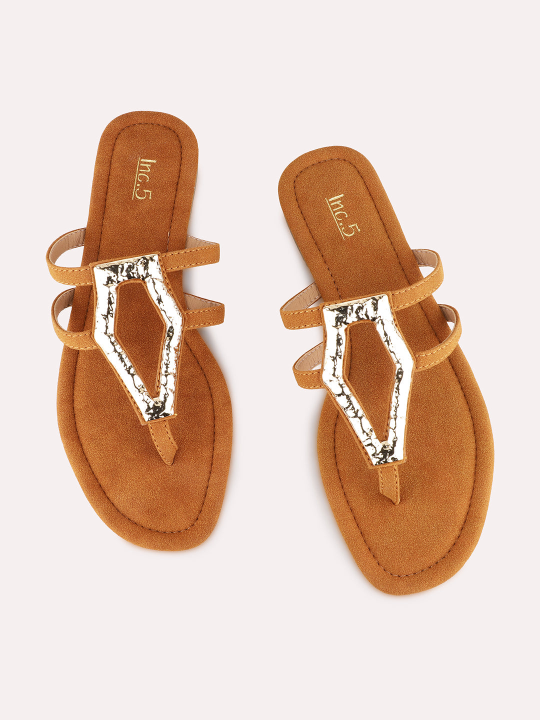 Womens Tan Ethnic Solid T-Strap Flat Slip-On Sandals