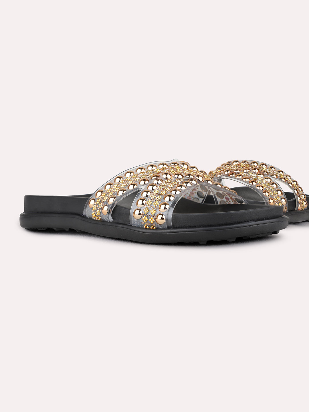 Womens Golden Party Wear Embellished Open Toe Flat Slip-On Sandals