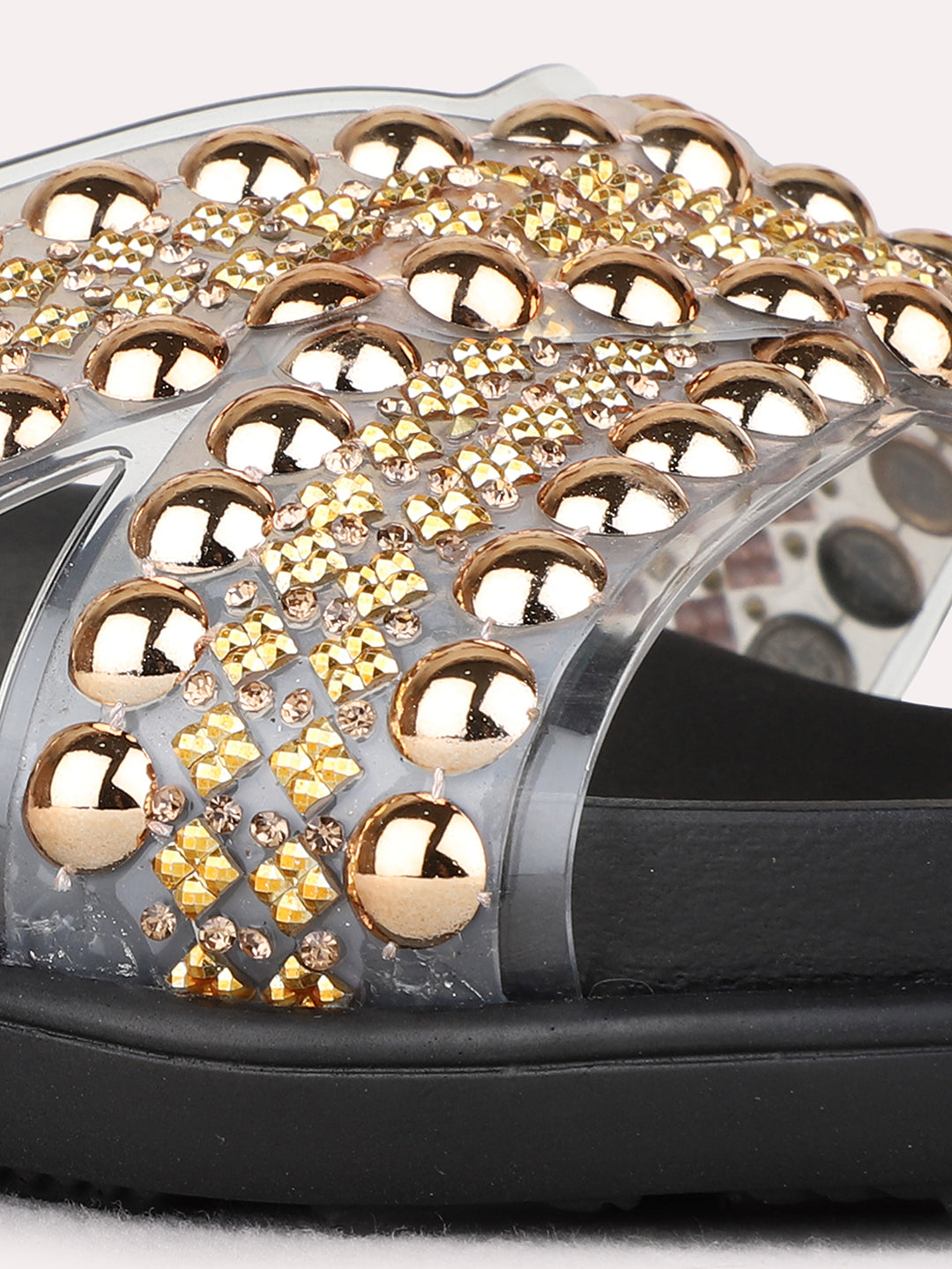 Womens Golden Party Wear Embellished Open Toe Flat Slip-On Sandals