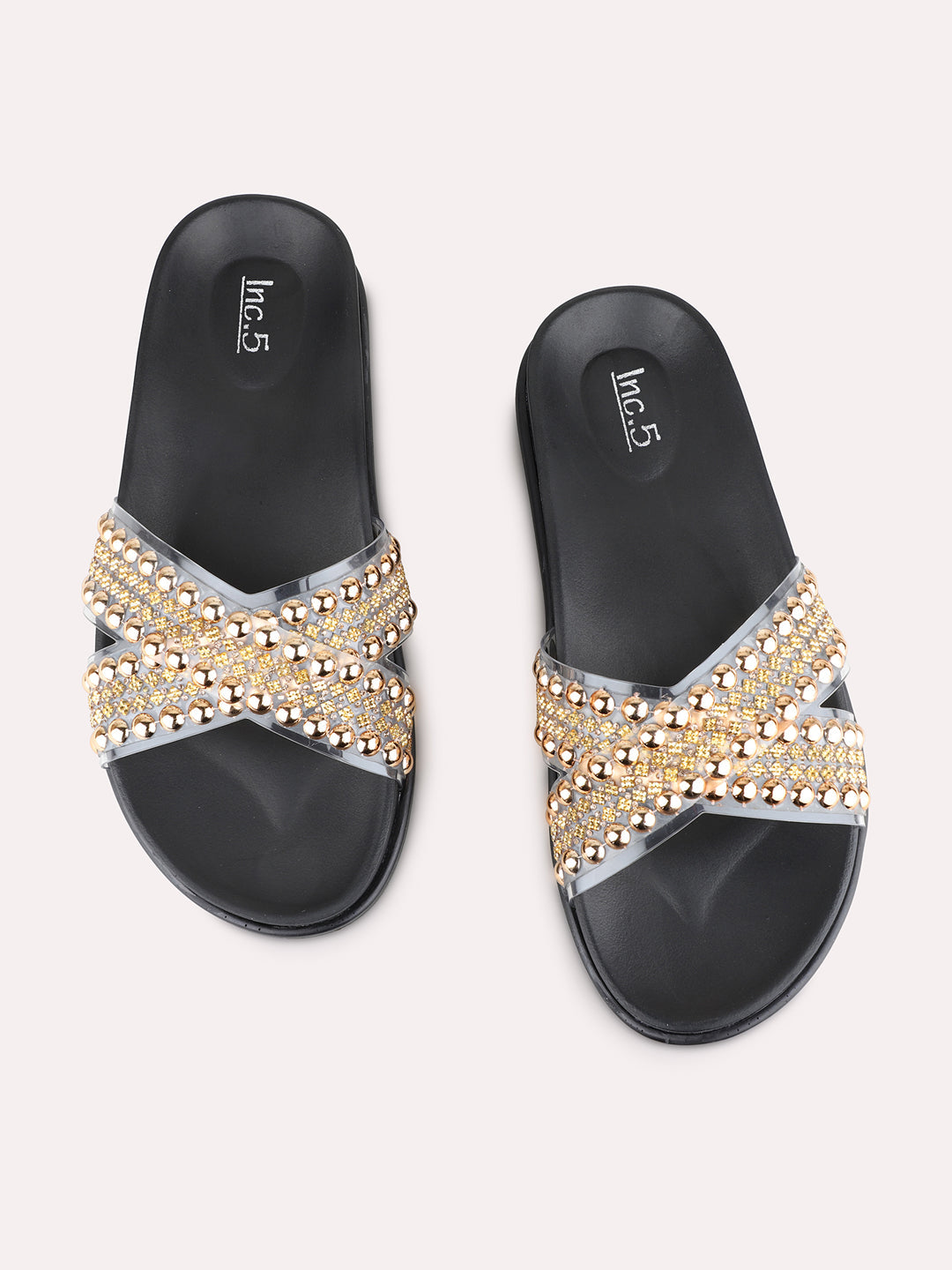 Womens Golden Party Wear Embellished Open Toe Flat Slip-On Sandals