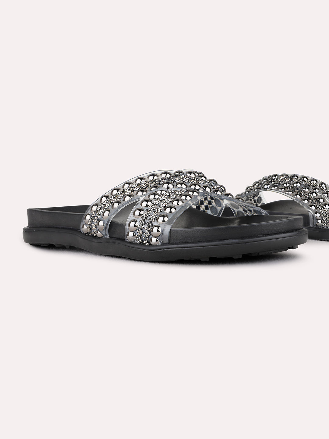 Womens Pewter Party Wear Embellished Open Toe Flat Slip-On Sandals