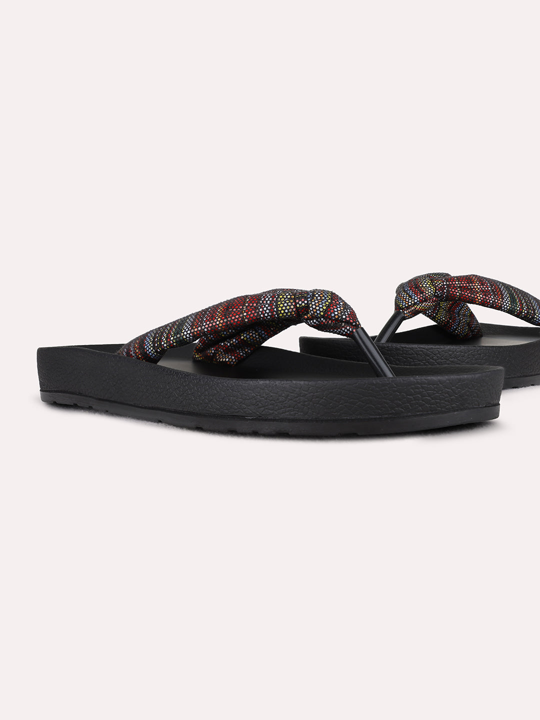 Womens Multi Casual Printed T-Strap Flat Slip-Ons