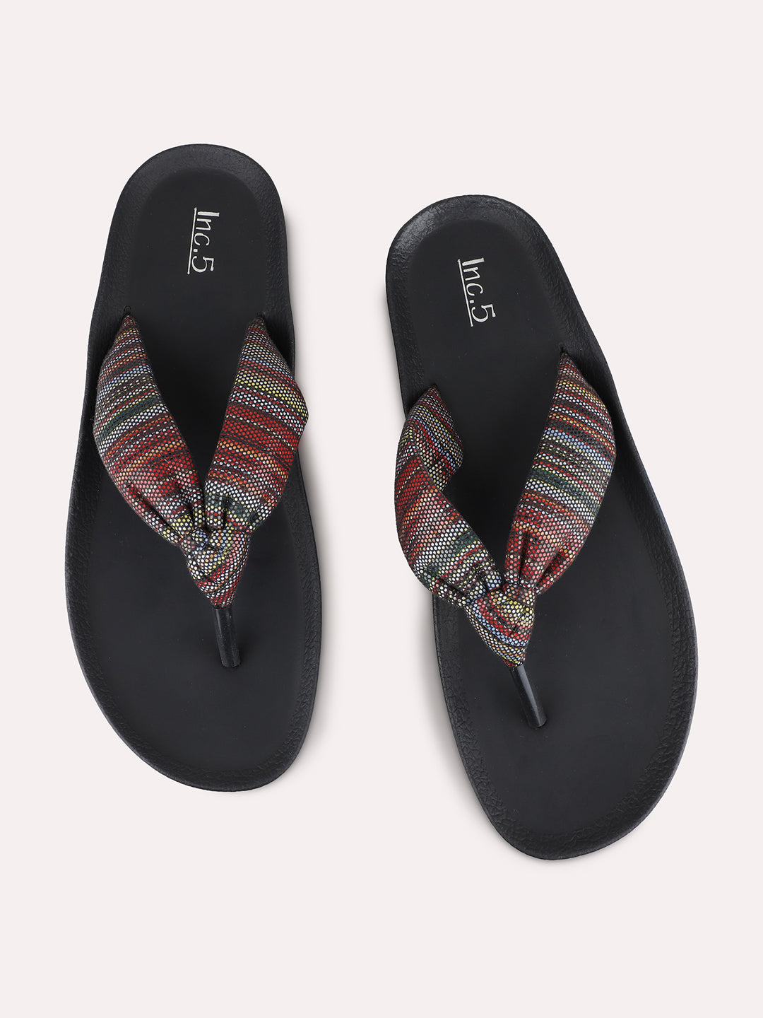 Womens Multi Casual Printed T-Strap Flat Slip-Ons