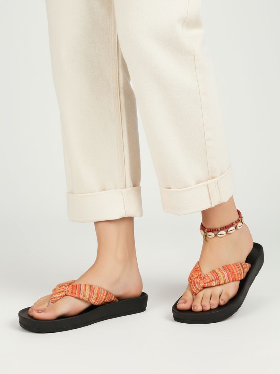 Womens Orange Casual Printed T-Strap Flat Slip-Ons